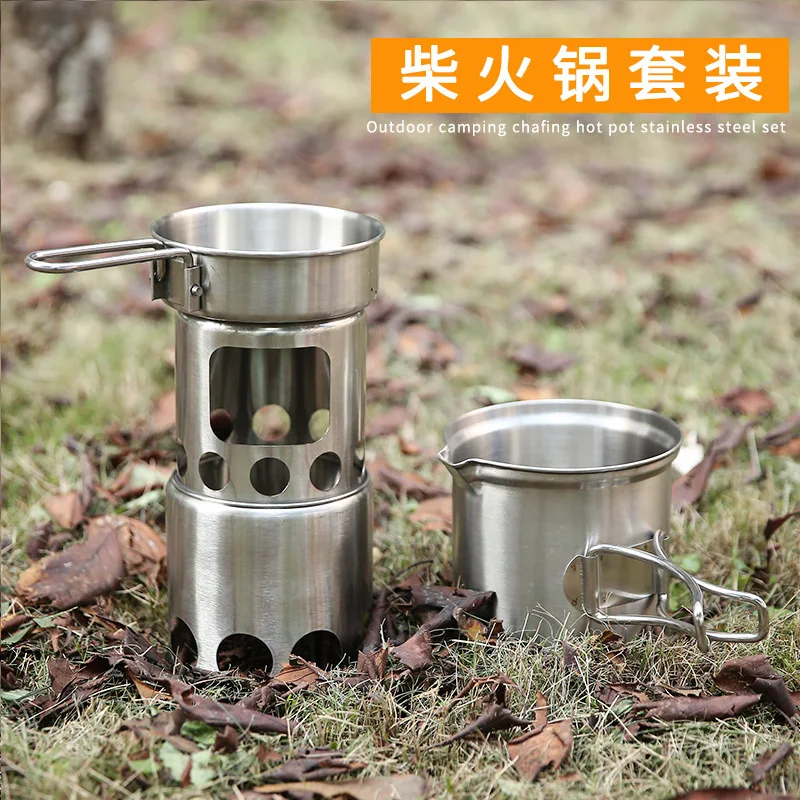 Camping Wood Stove Pot Set Picnic Alcohol Firewood Stove Double Use Cooking Pot Set