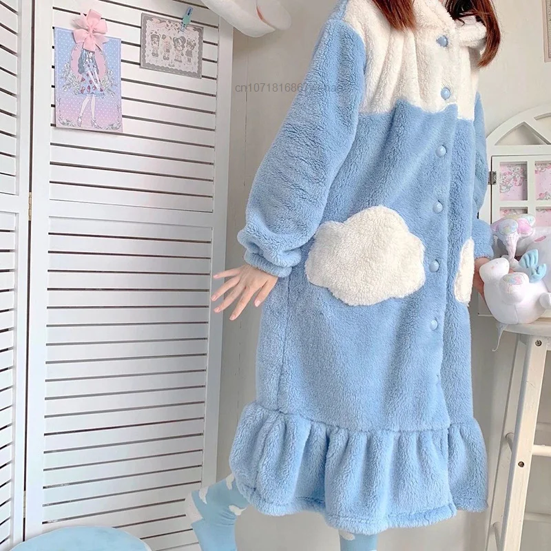 Sanrio Cinnamoroll Kawaii Hooded Home Long Pajamas Robe & Pants 2 Pcs Sets Winter Plush Cotton Thickened Warm Cartoon Pajamas