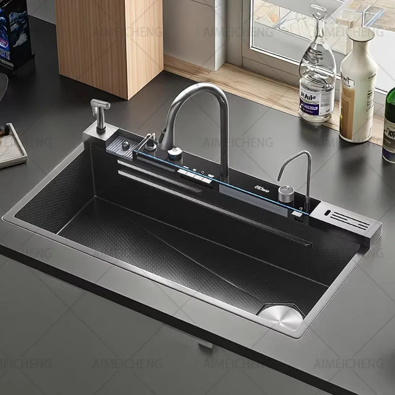 

Кухонная мойка из нержавеющей стали 304, ручная работа, нижнее крепление с мойкой для чашек, черная нано-прямоугольная форма, один стиль