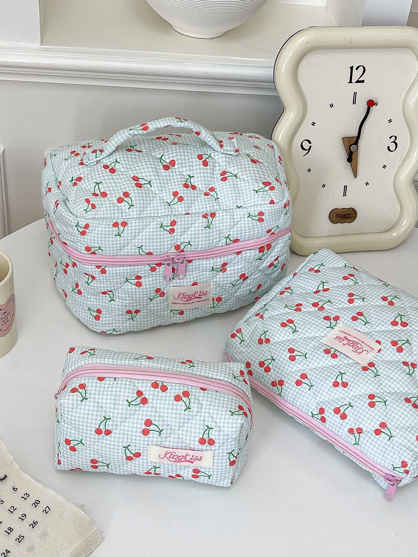 1 unid/set de bolsa de maquillaje acolchada con estampado de cuadros y cereza, bolsa de cosméticos de gran capacidad, conjunto de bolsa de maquillaje, bolsa de maquillaje, organizador de cosméticos