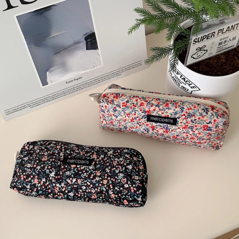 Vintage Corduroy Floral Women\'s Pencil Case Small Clutch Purse Handbags Simple Student Girls Cosmetic Storage Bag Ladies Pouch