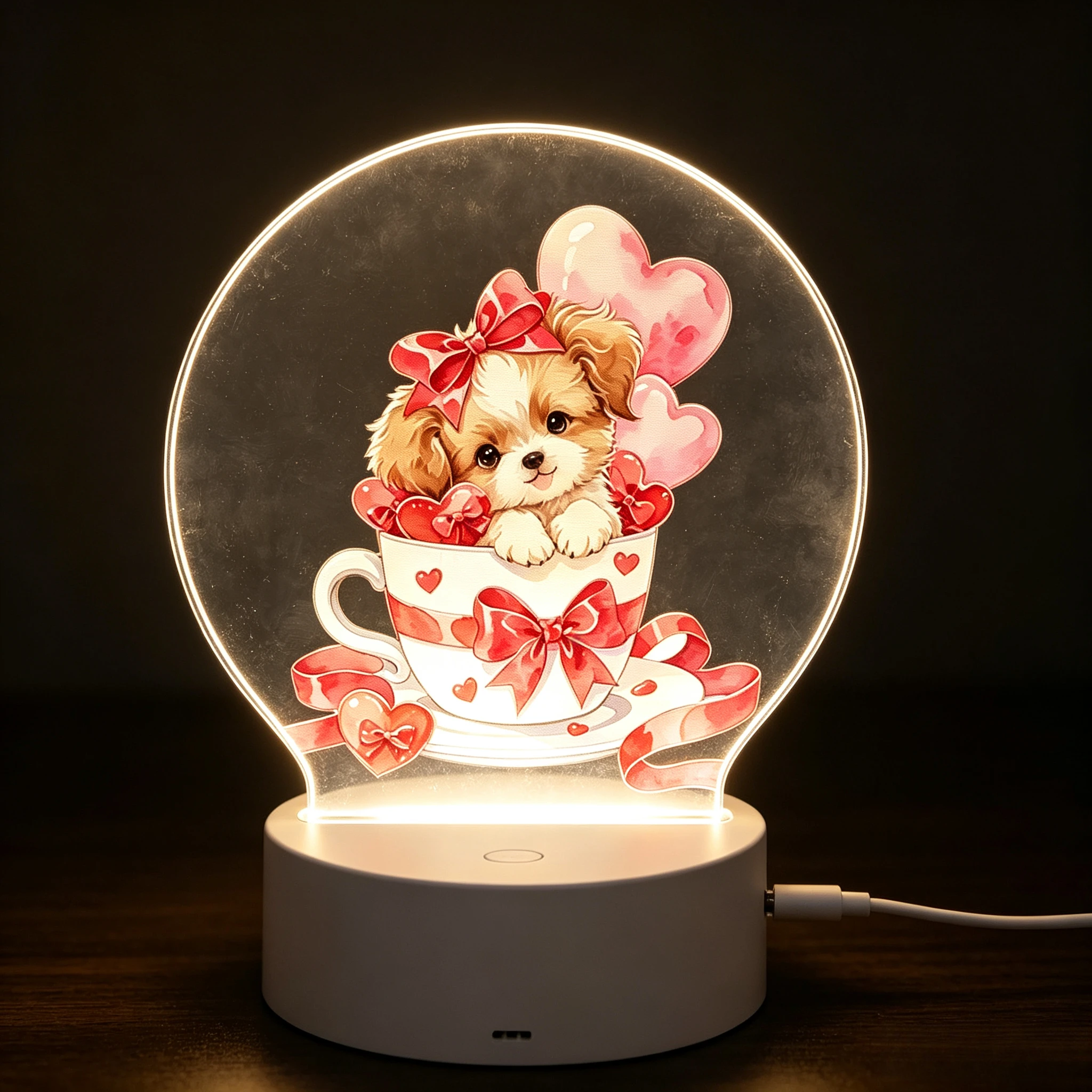 Acrylic Night Light, Puppy in Valentines Coffee Cup ABY4368 This Exquisite Acrylic Night Light Features an Adorable Puppy Nestled in a Charming Valentines Coffee Cup Creating a Warm and Inviting Atmosphere Perfect for Any Space Its Soft
