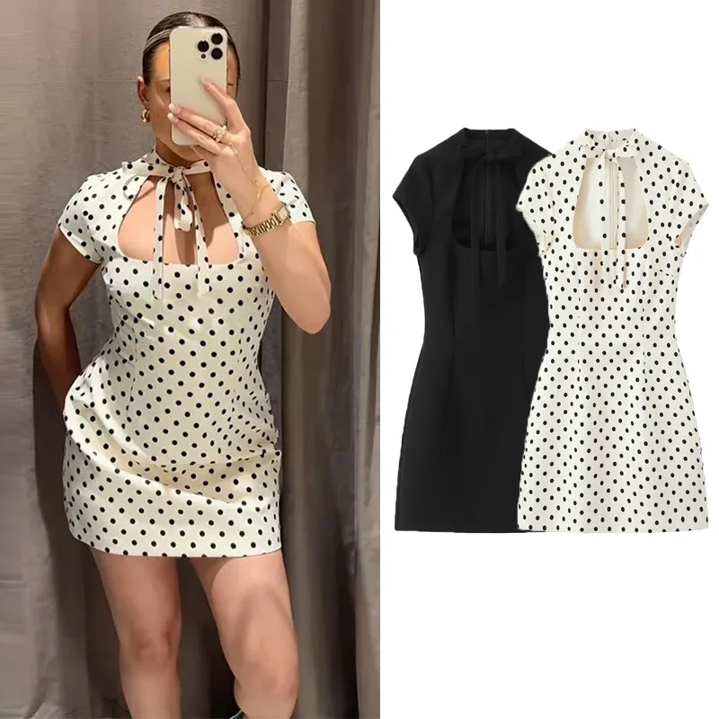 Robe Courte Élégante à Pois pour Femme, Coupe Slim, Col Carré, Manches Courtes, Robes Féminines Printemps-Été 2026, Robes de Soirée pour Dames