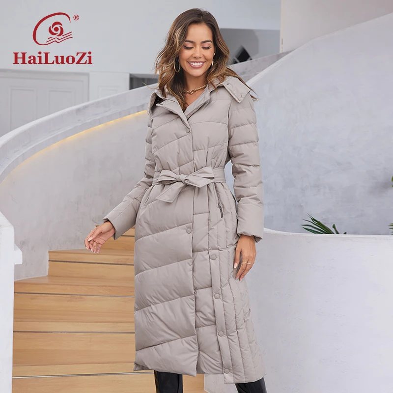 HaiLuoZi 2023 New Women Down Jacket Warm Hood With Fur Long Female Parkas Elegent Big Pockets Belt Quilting Women\'s Coats 3335