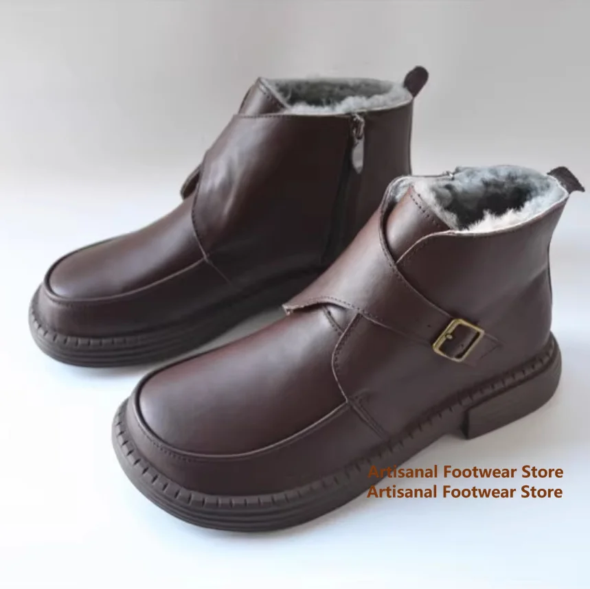 

Buckle Strap High Top Men's Boots British Style Genuine Leather Round Toe Snow Boots Winter Trendy Handmade Cotton Snow Boots