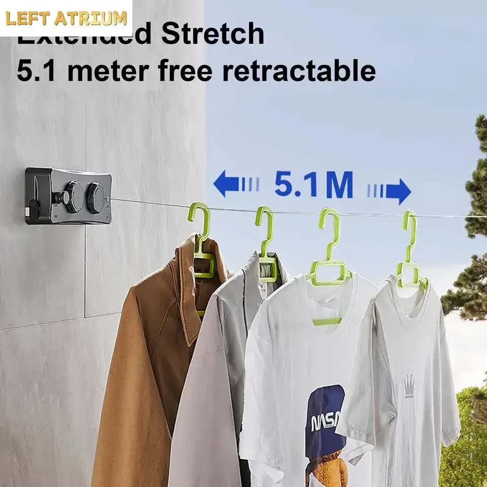 5.1M Retractable Clothesline Laundry Hanger Clothes Drying Rack Wall Mounted Washing Clothes Hanger Laundry Drying Line Balcony
