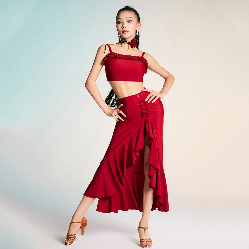 Women Latin Dance Suit Red Strap Crop Top Ruched Split Skirt Salsa Tango Training Costume Adult Latin Performance Wear AMY4121