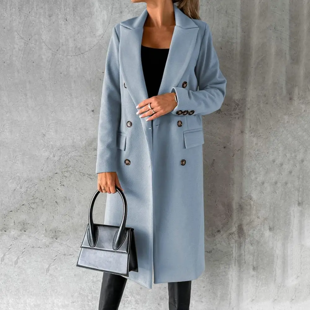 

New Women Long Jacket Slim Fit Double Breasted Solid Color Coat Autumn Winter Turndown Collar Outerwear Overcoat