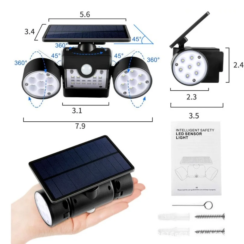 30 LED Solar Street Light Outdoor Wall Lamp with Dual Head Spotlights  Waterproof 360°Adjustable for Solar Motion Sensor Lights