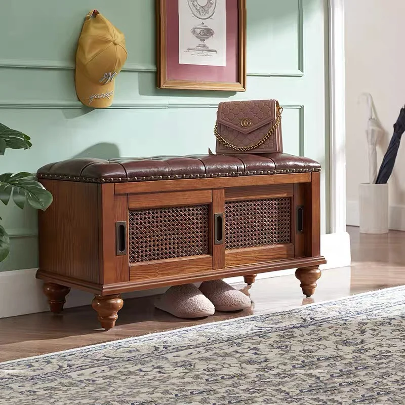 

American solid wood shoe change stool household door shoe cabinet seat integrated seated storage shoe home seat