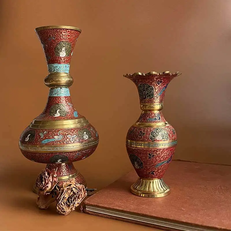 Light  painted brass vase high-end dried flower lily simulation flower medieval living room flower arrangement creative ornament