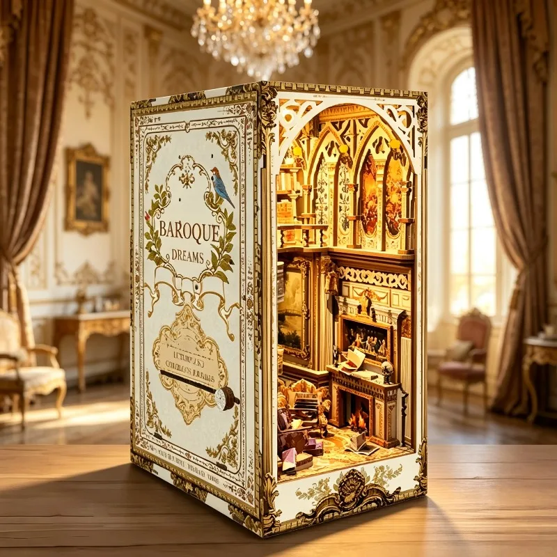 DIY Book Nook European Retro Courtyard Wooden 3D Puzzle Shelf Insert Miniature Model Kit Home Decor Birthday Gift for Adults Toy