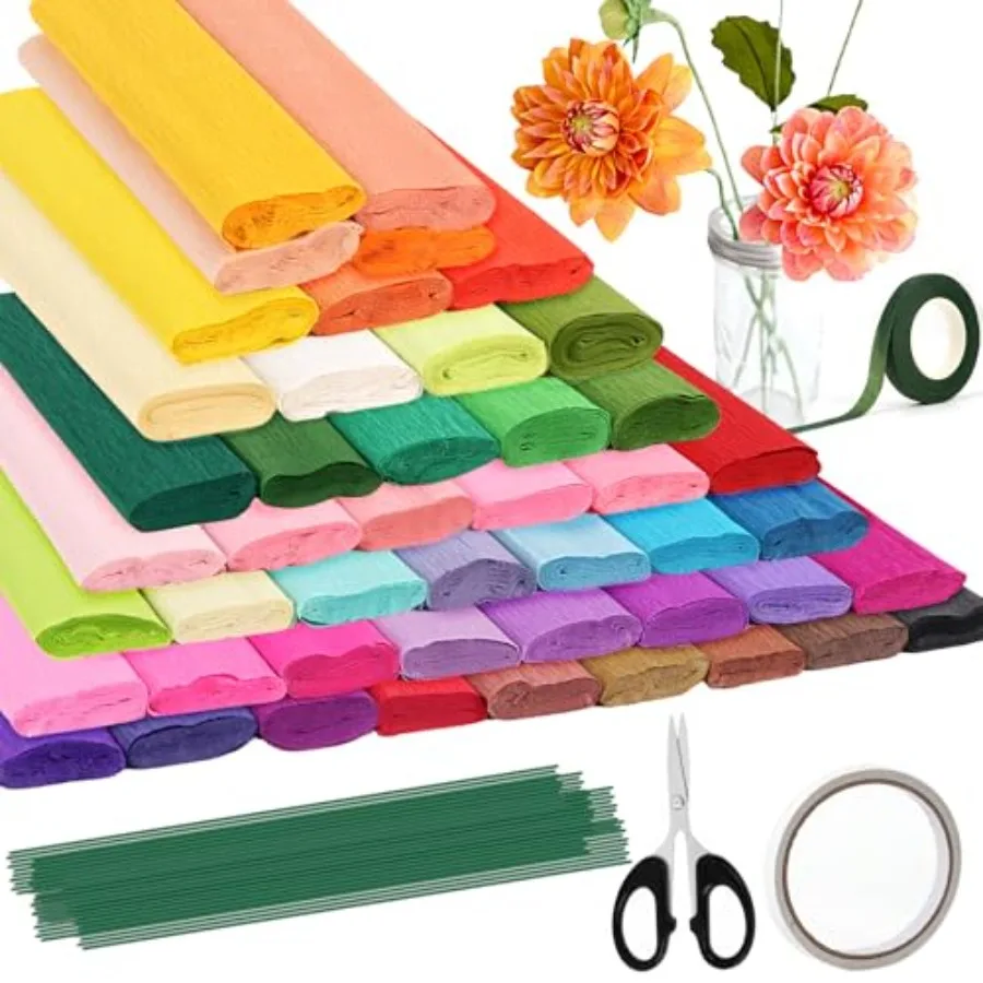 

46 Colors Crepe Paper Rolls 10 x 98 Inch Wide Crepe Paper Flowers Kit with 100 Pcs Floral Iron Wire Floral Band Double-Sided Ta