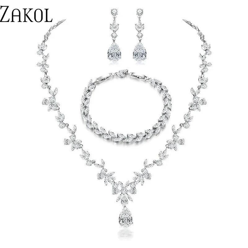 ZAKOL Luxury Leaf Water Drop Zirconia Wedding Jewelry Sets for Women Earrings Bracelet Necklace 3 Piece Set Bridal Accessories