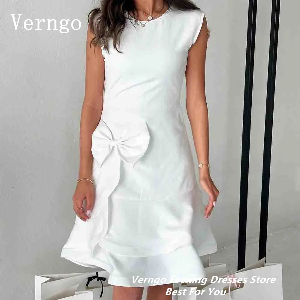 Verngo White Prom Gowns O Neck Sleeveless Short Party Dress 3D Flowers Formal Occasion Dress Saudi Arabic Outfit