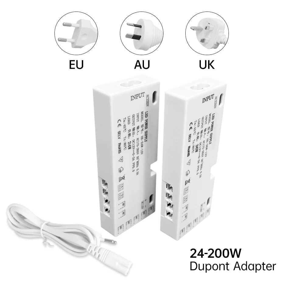 EU UK AU Power Plug Supply Adapter LED Cabinet Light Transformer AC 220V To DC 12V 24V LED Driver 24W/36W/60W/100W/150W/200W
