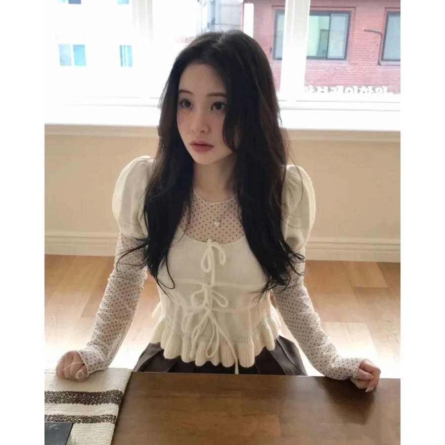 Korean Style  Knot Knitted Top Women's Spring New Inner Checkered T-Shirt Two-Piece Set Casual Slim Fit Long Sleeve ...
