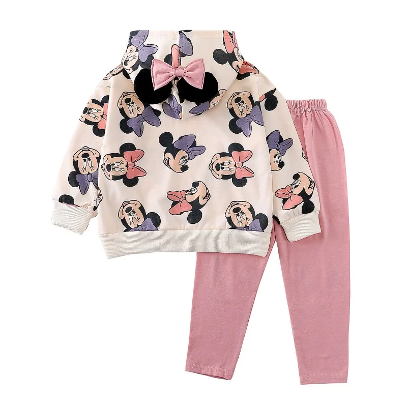 New Spring Autumn Kids Girl Sets Cartoon Hooded Casual Pullover Sweatshirts and Mickey Minnie Pants Q3200