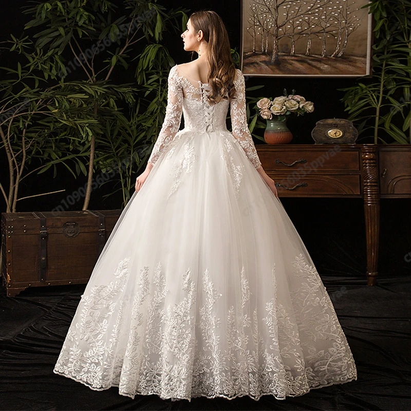 OXSEY Wedding Dresses Flower Pattern Lacet Ransparent Long Sleeve Princess Style Brides Dress Elegant Women Gown