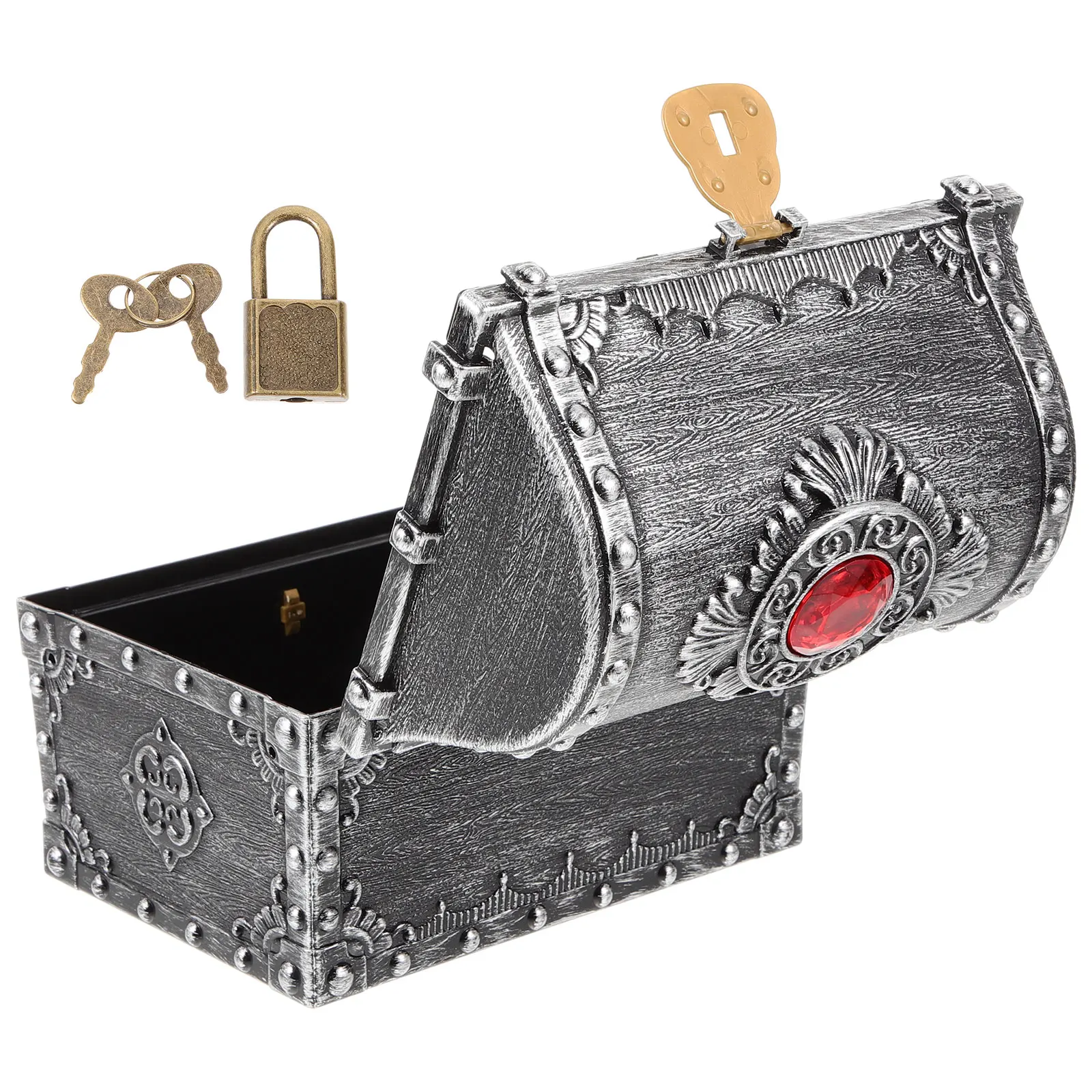 

Baby Toys Treasure Box Props Chest with Key Decorative Boxes Photo Pirate Kids Silver Mini