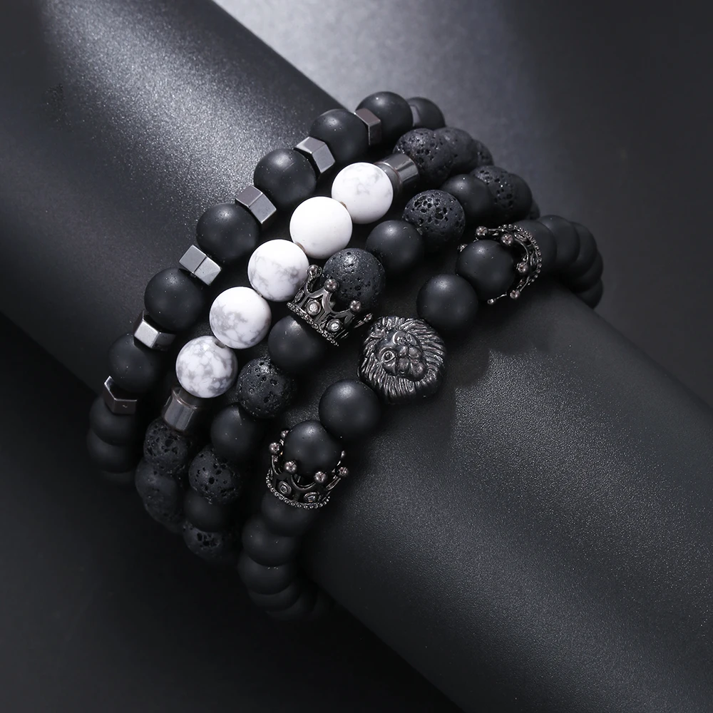 Fashion Personalized High Quality Men's White Pine Volcanic Stone Crown Beaded Elastic Bracelet bijoux en acier inoxydable vrai