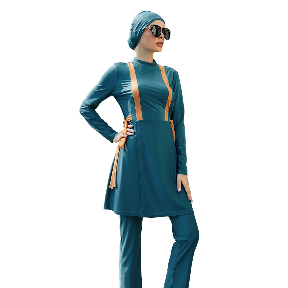 

Jalbab Sportswear for Hijabis Patchwork Coverall Diving Surfing Three-piece Set Burkini Femmes Burkini Muslim Swimwear 2022