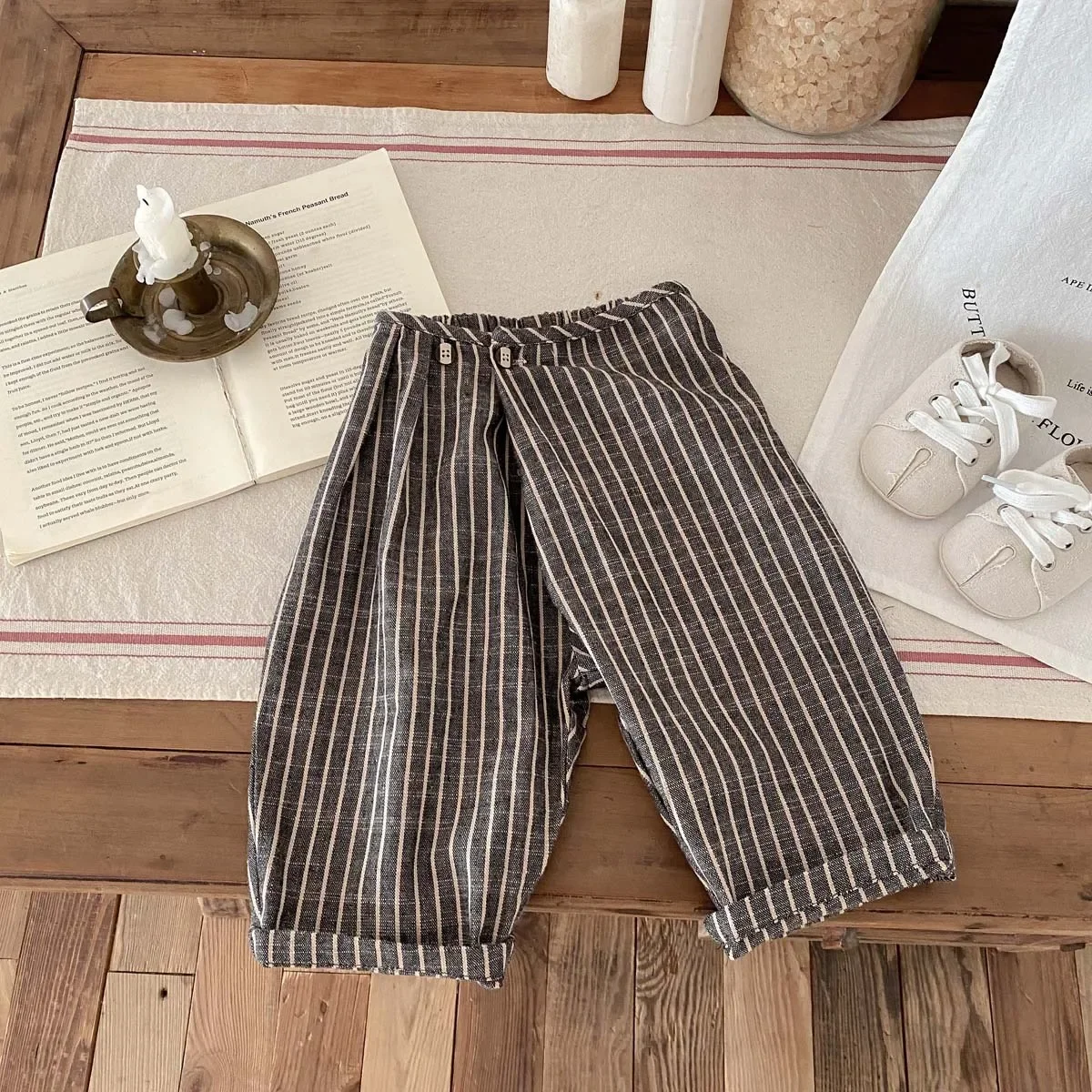 

2024 Autumn Spring New in Kids Baby Boys Girls Cotton and Linen Clothing , Infant Toddler Striped Long Pants Children Trousers