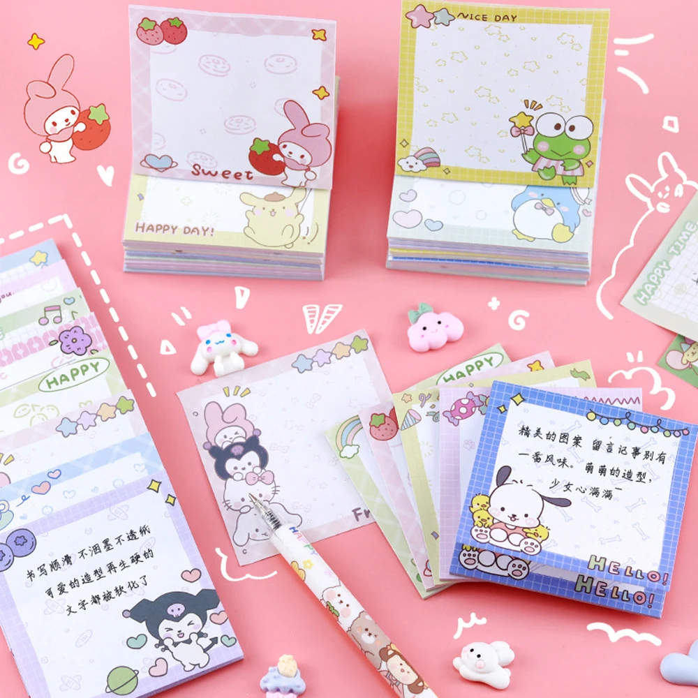 MINISO Kawaii Sanrio Sticky Note, Kuromi, Minha melodia, Cinnamoroll, Anime bonito, Cartoon Student Note, Notepad Papelaria, Presentes meninas