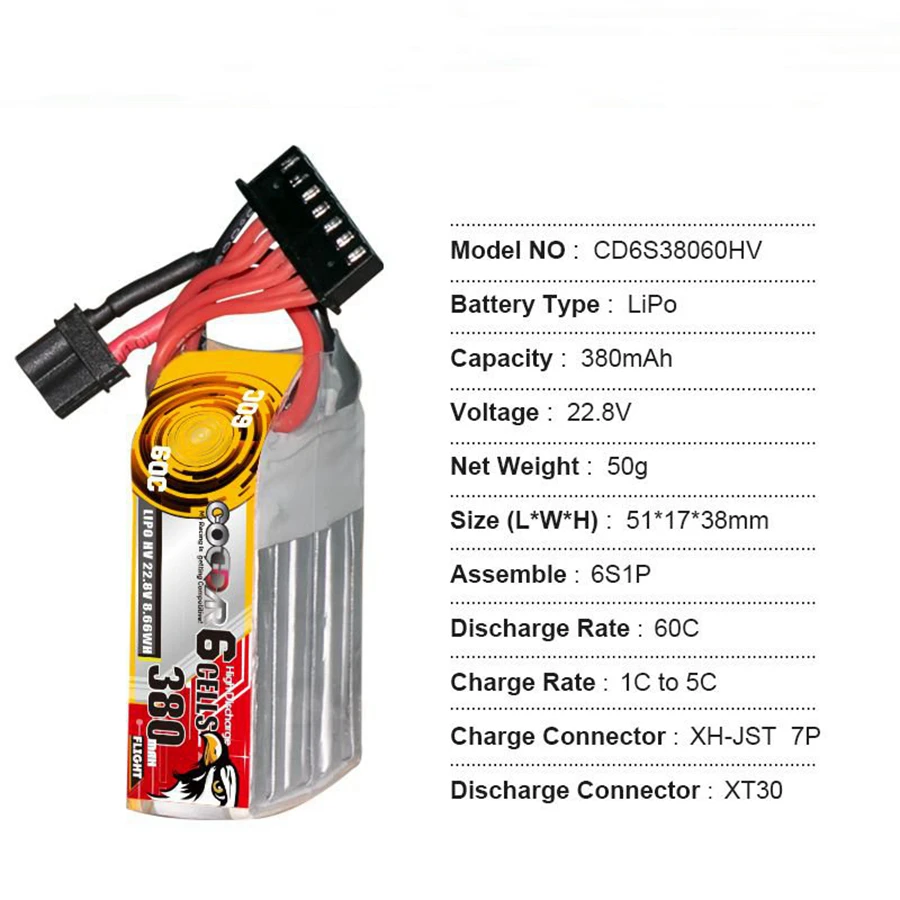 CD6S38060HV 6S 22.8V 60C 380mAh HV High Voltage Toothpick Machine Airplane Model Rechargeable Lithium Battery