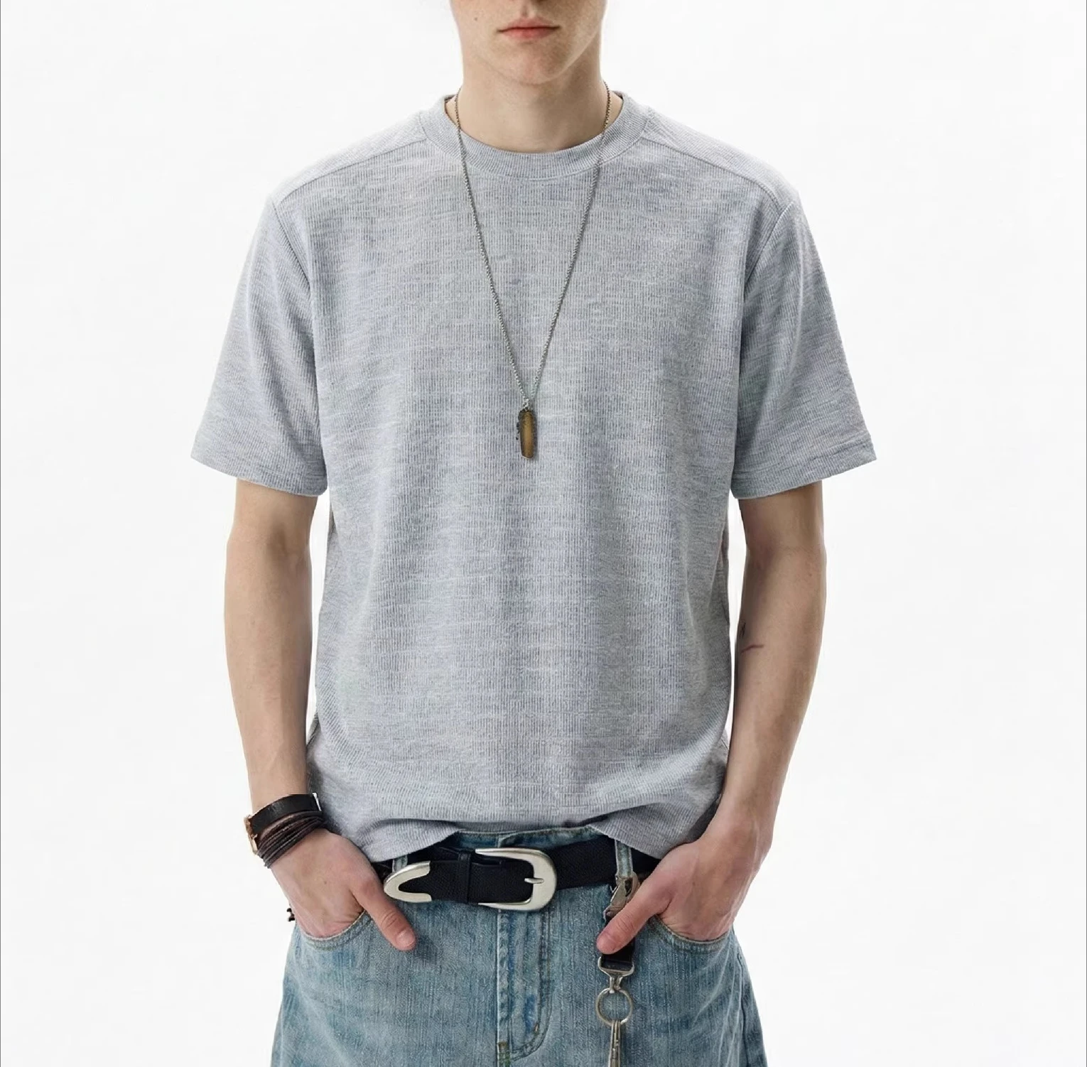 2026 Summer Men's Texture Blended Jacquard Slim-fit Solid Color Crew Neck Knitted Short Sleeve T-Shirt