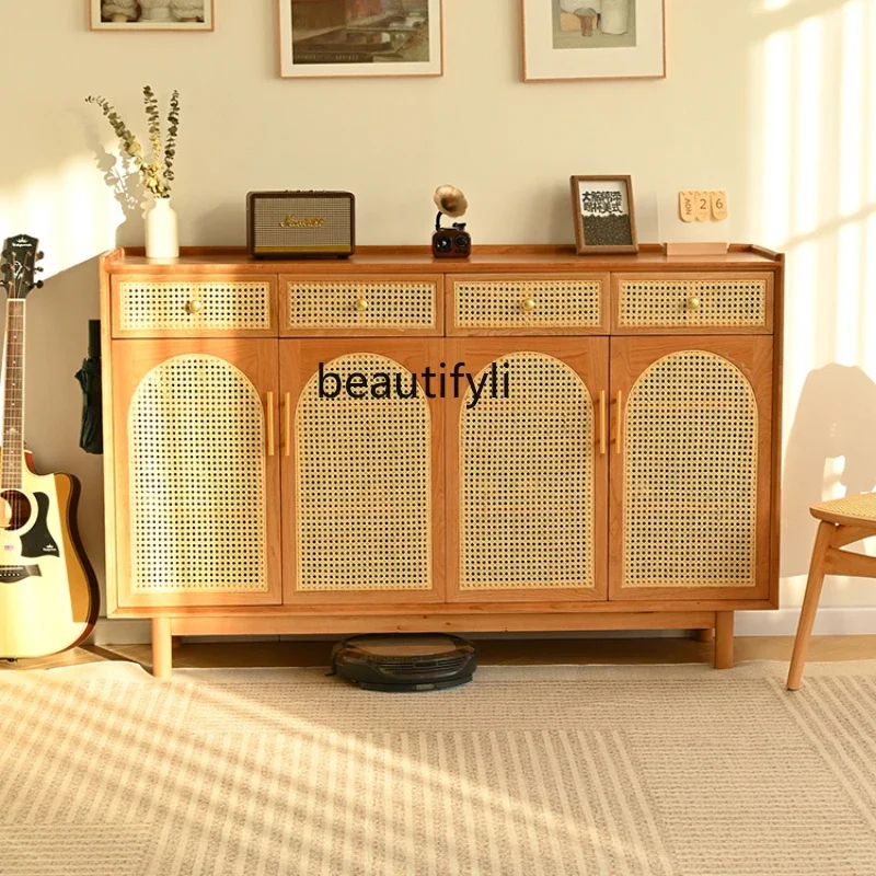 

Solid Wood Shoe Cabinet Home Doorway Cherrywood Rattan Entrance Cabinet Integrated Storage Hallway