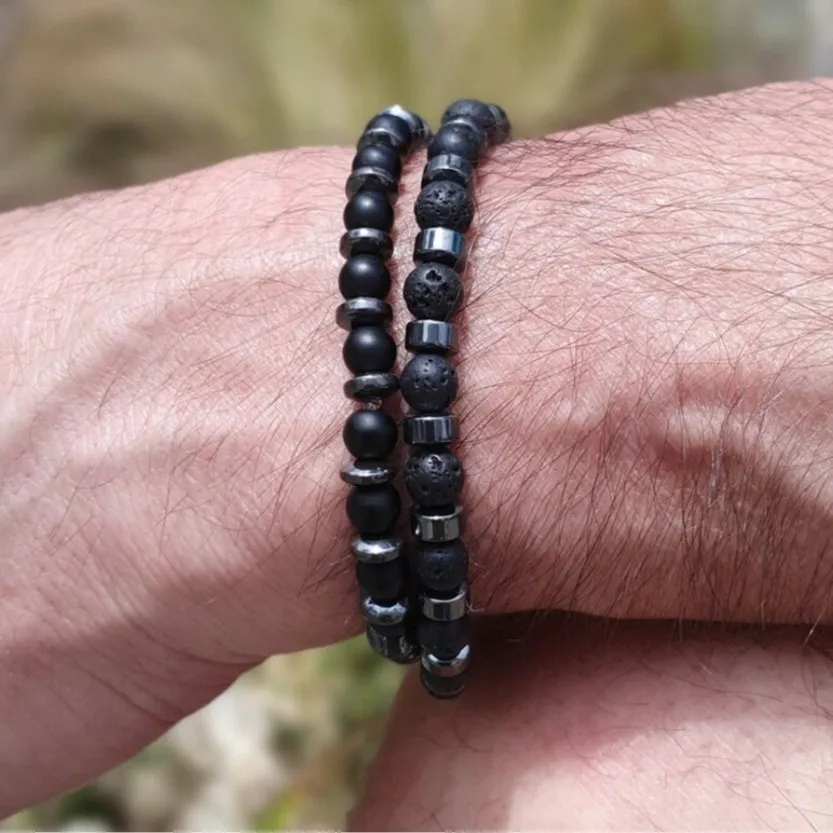 Meetviii 2pcs/set Vintage Volcanic Stone Black Gallstone Bead Elastic Strand Bracelets for Men's Hand Jewelry