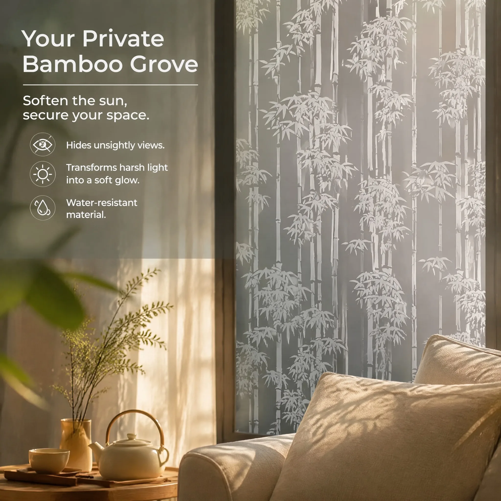 Elegant Vertical Bamboo Silhouette Self-Adhesive Frosted Window Film 100% Privacy Protection Waterproof Oil-Proof Anti UV Heat
