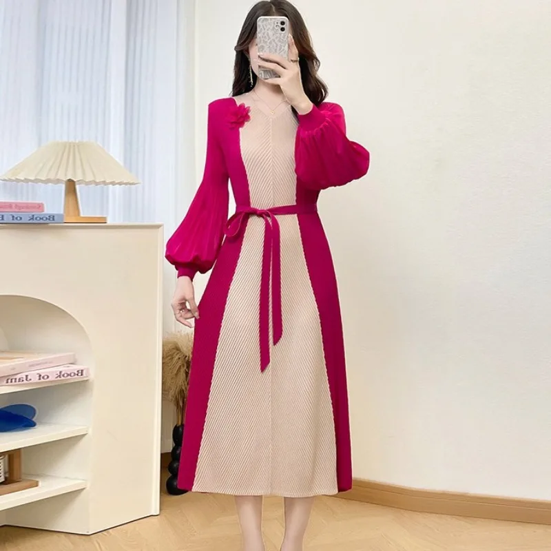 أوروبا جديد مياكي فستان مطوي المرأة طويلة الأكمام مزاجه حجب حجم كبير مطاطا فستان طويل مكتب ركاب الملابس #3