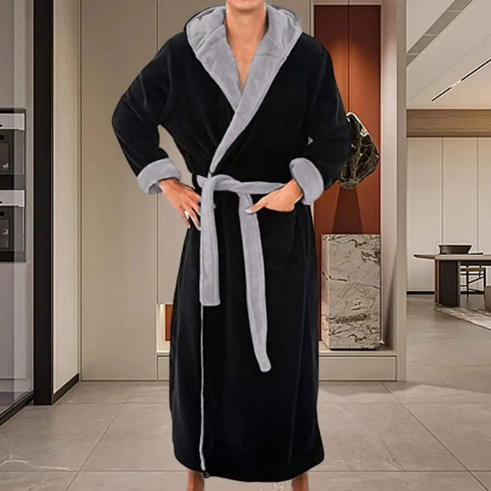 Solid Color Bathrobe Luxurious Men\'s Hooded Bathrobe with Adjustable Belt Ultra Soft Absorbent Male Robe with for Ultimate