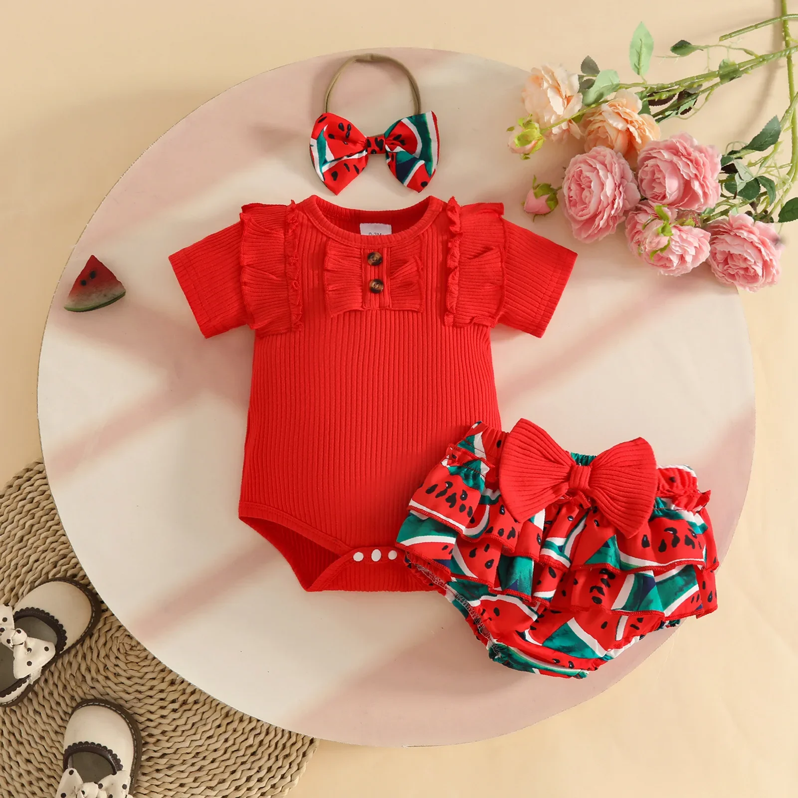 0-18M Baby Girls 3pcs Set Summer New Ribbed Short Sleeve Lace Trimmed Bodysuit + Bowknot Ruffled Bloomers + Headband