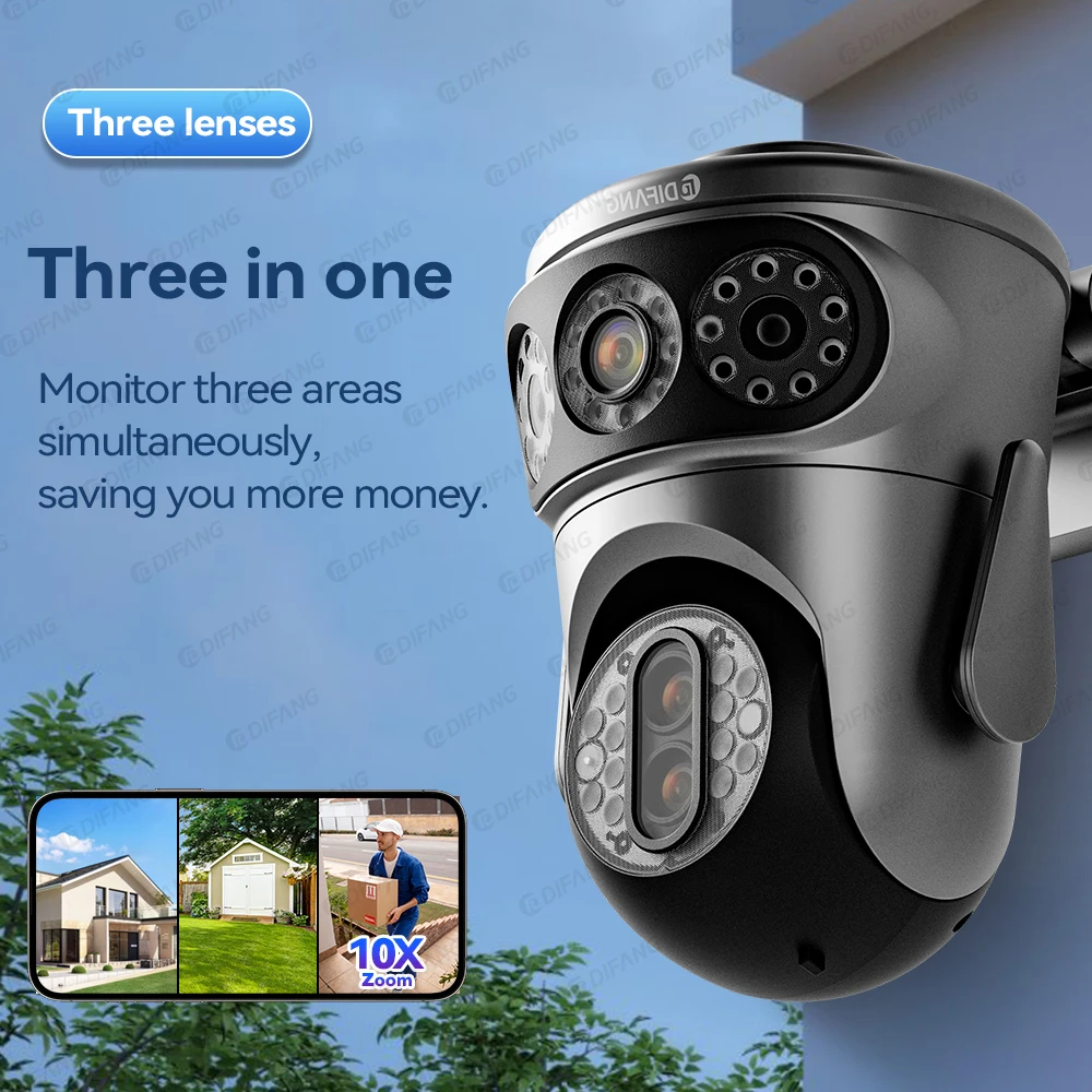 6K UHD WiFi Camera Outdoor Three Lens Three Screen Waterproof CCTV 10X Zoom Wireless Video Surveillance Street Cam IPC360 Home