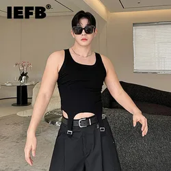 IEFB Personality Men's Wear Slim Vest Round Neck Irregular Hem Metal Buckle Tank Top Summer New Stylish Male Sleeveless Top 5937