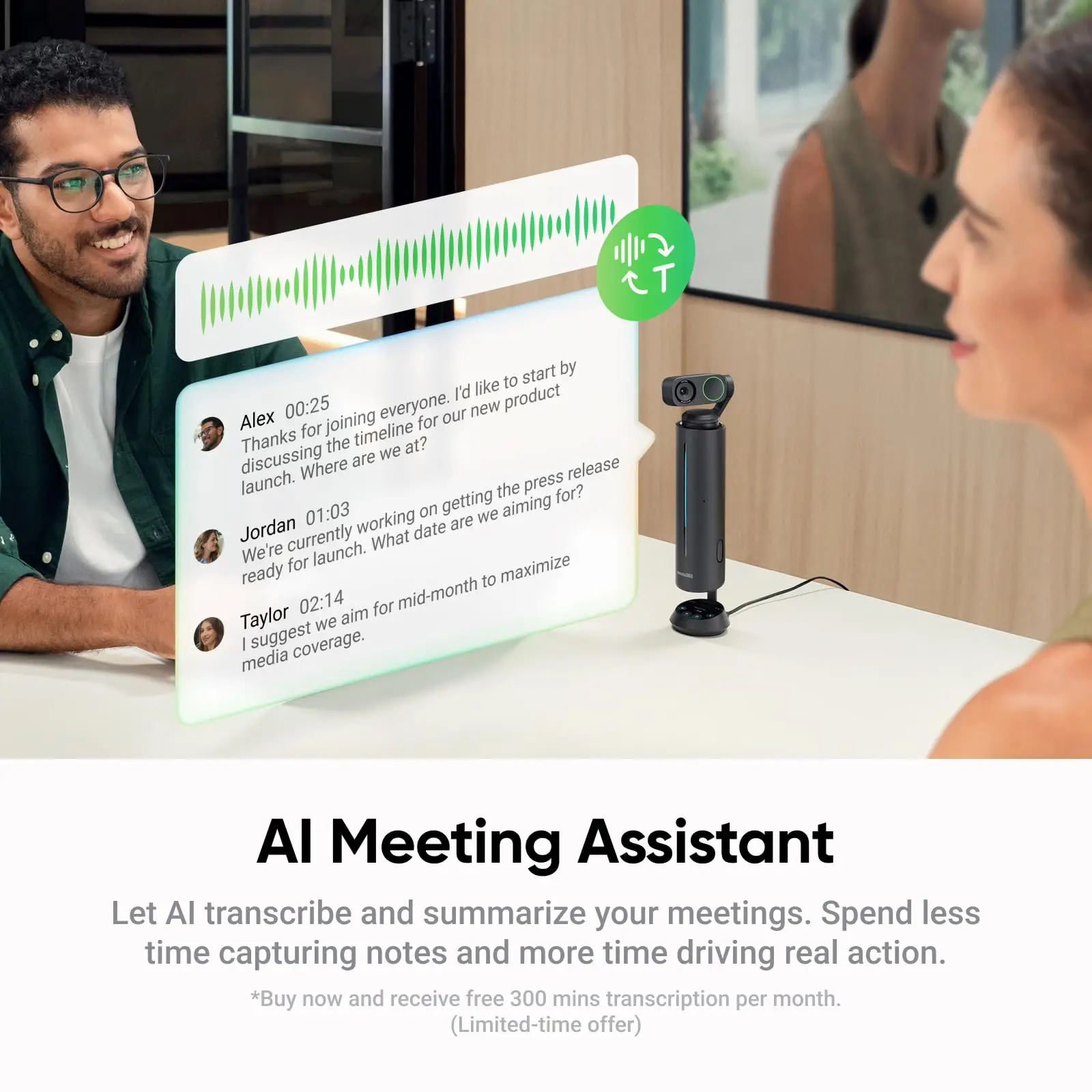 Insta360 Wave - مكبر صوت AI، بلوتوث، مسجل صوت، 8 ميكروفونات لإلغاء الضوضاء مع تشكيل الشعاع، وصف AI