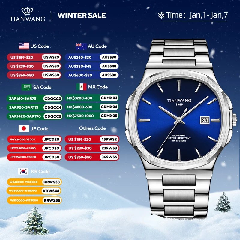 Tian wang relógios para homens 43.4mm dial quartzo aço inoxidável relógio de pulso quadrado clássico azul negócios à prova dwaterproof água presentes dos homens