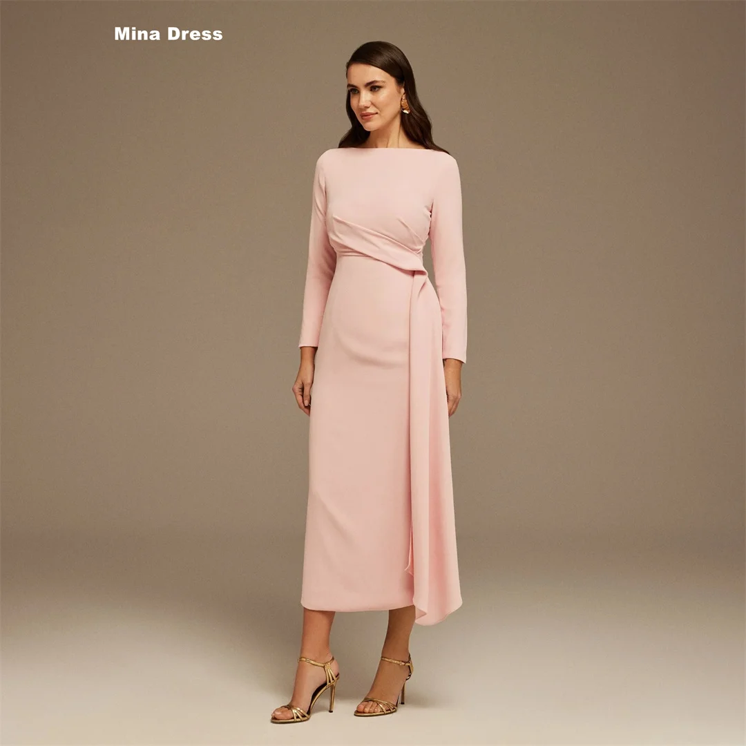 

Mina Customized Pink Luxurious Women's Evening Dresses for Special Occasions Long Sleeves Round Neck Slit Folds Prom Dress 2026