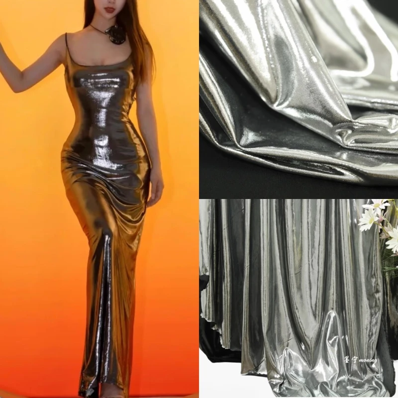 

Liquid Glossy Stretch Metallic Knit Fabric Mirror Finish Halter Dress Stage Performance Costume Designer Fashion Fabric