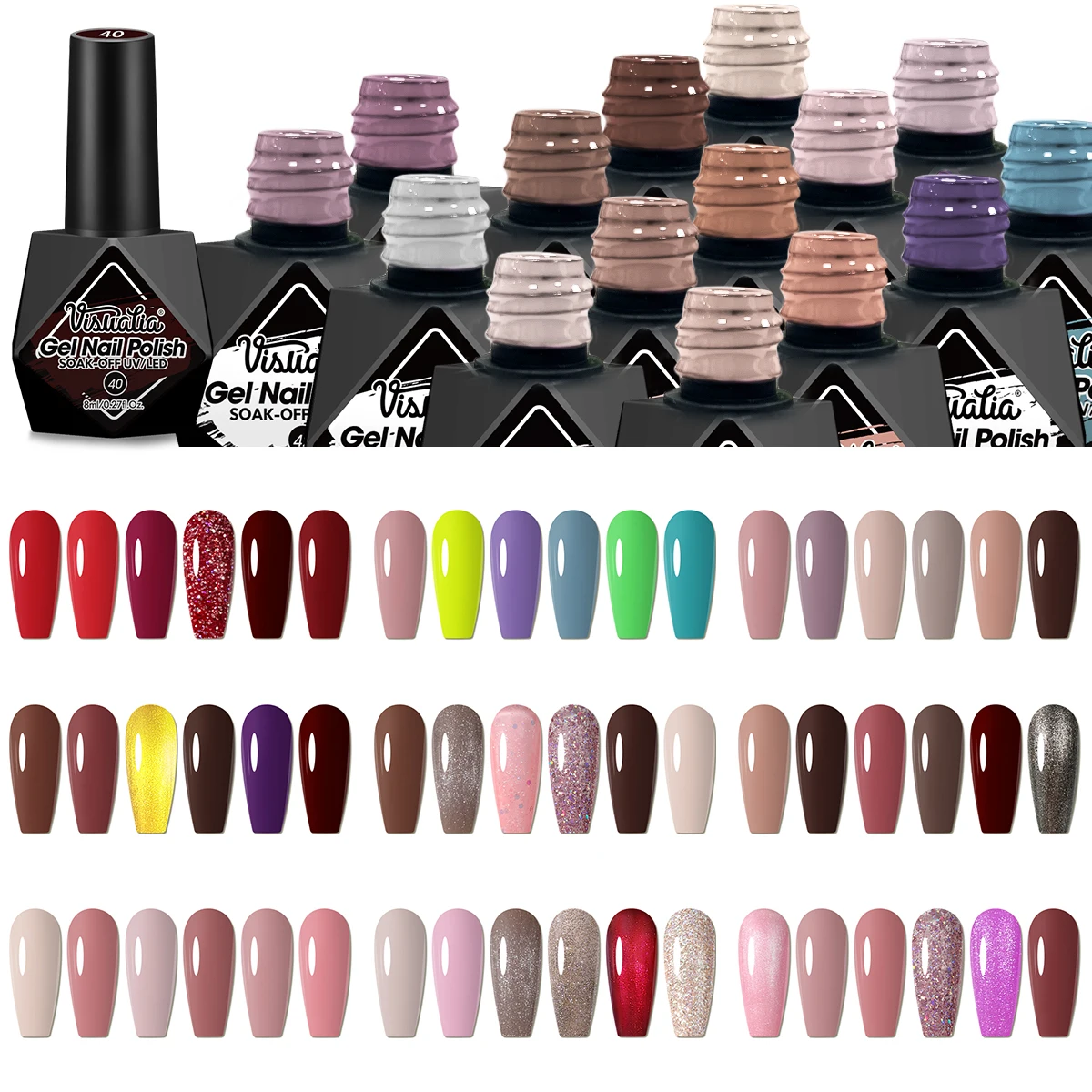 6-delige geometrische patroon glanzende ronde hypoallergene kleur gel nagellakset, langdurige UV LED, geen smaak, bruin rood roze mult