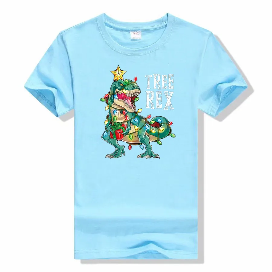 Christmas Dinosaur Tree Rex Pajamas Men Boys Xmas Lights T-Shirt Gift Cute Dino Wear Xmas Lights Graphic Tee Top Family Matching