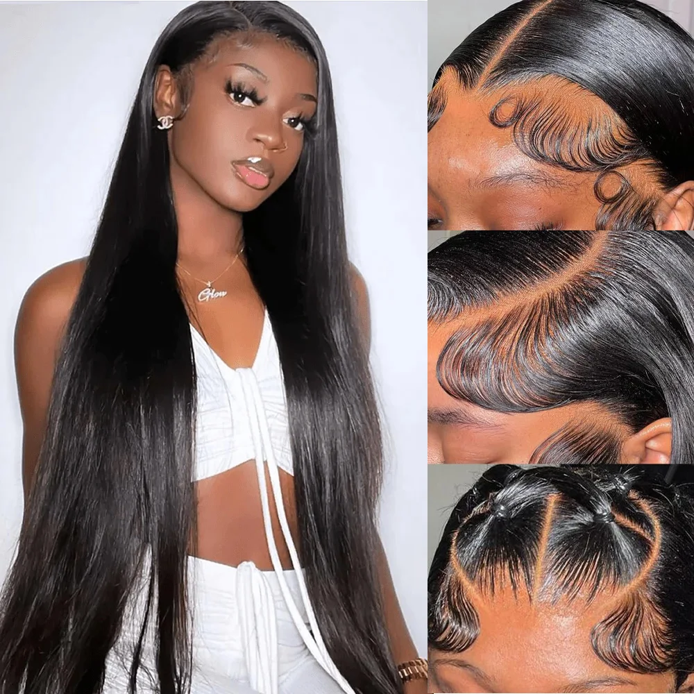 

30 36 Inch HD Transparent Straight 13x4 Lace Frontal 200 Density Pre-Plucked Brazilian Human Hair Wigs For Women Natural Color