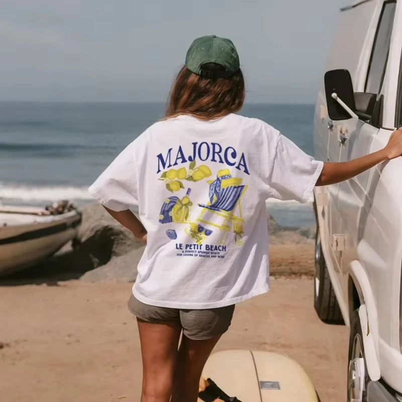 

Majorca Coastal Beach T Shirt Retro Aesthetic Picnic Fruit Tshirt Spanish Vacation Tee Shirt Women Loose Short Sleeve Summer Top