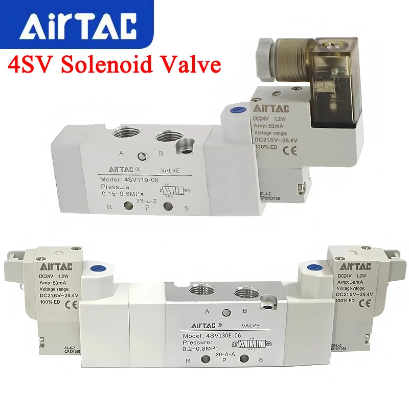 New AirTAC 4SV Series Pneumatic Solenoid Valve 5/2 5/3Way 4SV110/220/4SV330C-M5/06/08/10 Insert Wire Line Terminal AC220V DC24V