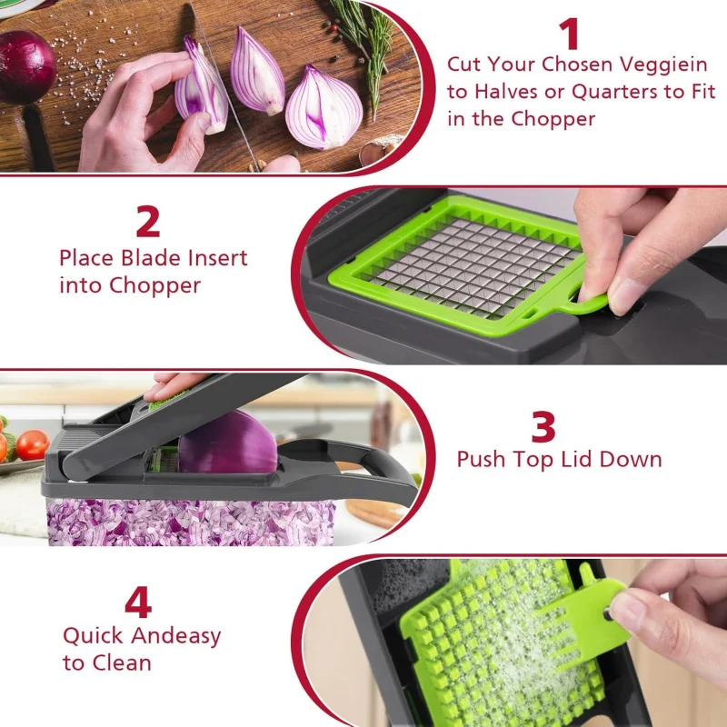 multifunctional vegetable chopper with 8 blades, pro onion dicer slicer cutter, kitchen veggie food chopper with contain