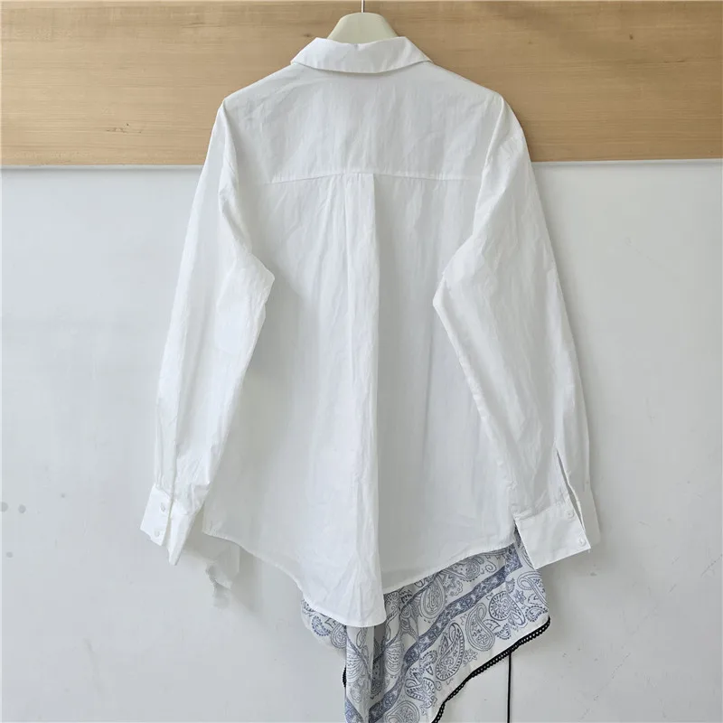 SuperAen White Patchwork Print Square Scarf Plaid Pattern Long-sleeved Shirts for Women 2026 Autumn New Design Oversize Shirts