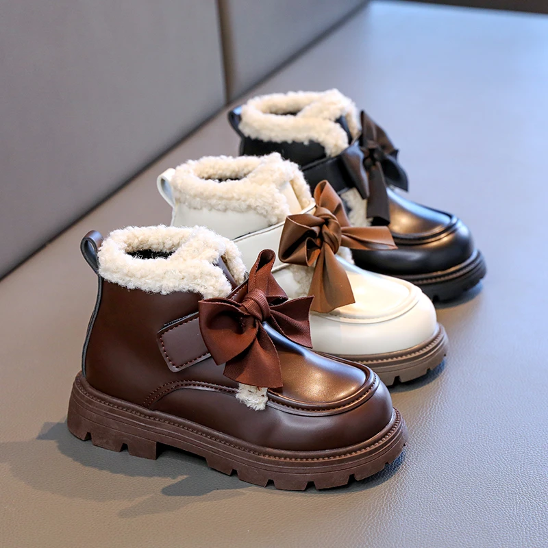 

2025 Winter New Children's Boots English Style Thick Soled Girls Shoes Plush School Casual Shoes Warm Non-slip Cotton Shoes